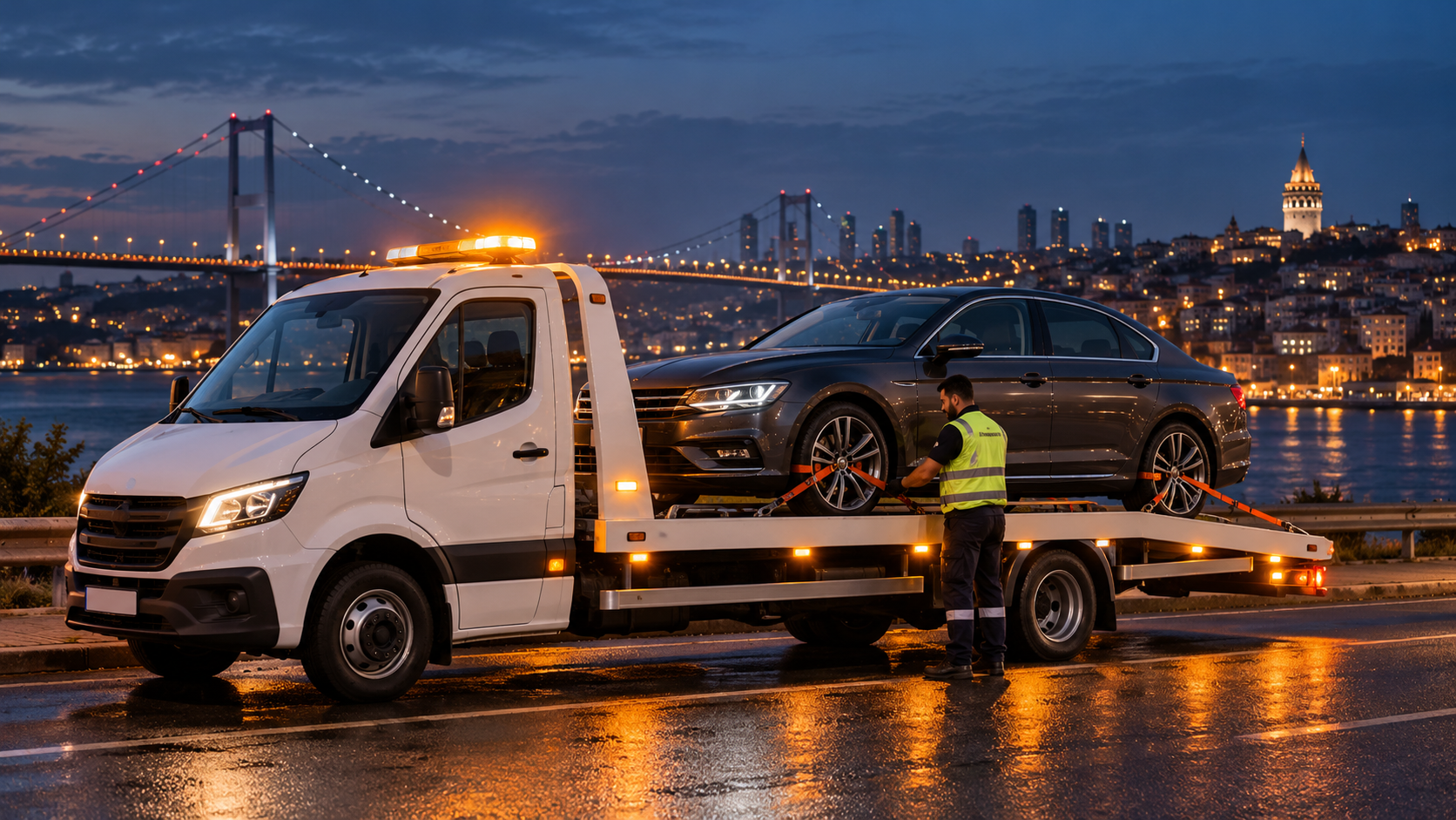 İstanbul’da gece saatlerinde platform çekiciye yüklenen otomobil – acil oto çekici hizmeti